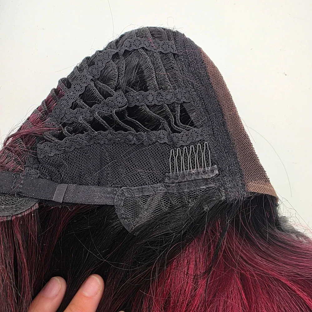 Short Burgundy Red Ombre Bob Wig Lace Front Black Roots Straight Synthetic Hair